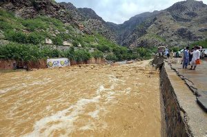 Flash floodwaters inundate roads and surrounding areas after heavy monsoon rains lashed Landi Kotal.