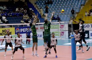Players of Pakistan and Sri Lanka compete during the opening match of the CAVA Men's Volleyball Championship 2026 at the Liaquat Gymnasium Hall, Pakistan Sports Complex, in the federal capital
