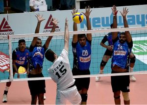 Pakistan and Sri Lanka players battle at the net during the semifinal of the CAVA Men's Volleyball Championship 2026 at Liaquat Gymnasium, Pakistan Sports Complex, displaying attacking prowess and solid defensive skills in a fiercely contested match