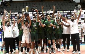 Volleyball fans celebrate Pakistan's victory after the final match of the CAVA Men’s Volleyball Championship 2026 during the closing ceremony at Liaquat Gymnasium, Pakistan Sports Complex, in the federal capital