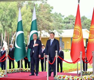 President Asif Ali Zardari being welcomed by President Sadyr Zhaparov at a formal reception held at the Rukh Ordo Cultural Complex in Cholpon-Ata, Kyrgyzstan, celebrating the enduring friendship between Pakistan and Kyrgyzstan