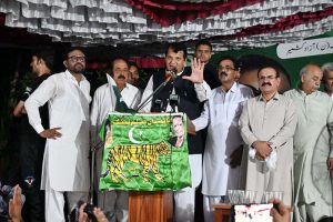 Federal Minister for Kashmir Affairs, Gilgit Baltistan and SAFRON Engr. Amir Muqam along with PML-N AJK leaders addresses the public gathering during election campaign in LA- 06, Azad Jammu & Kashmir