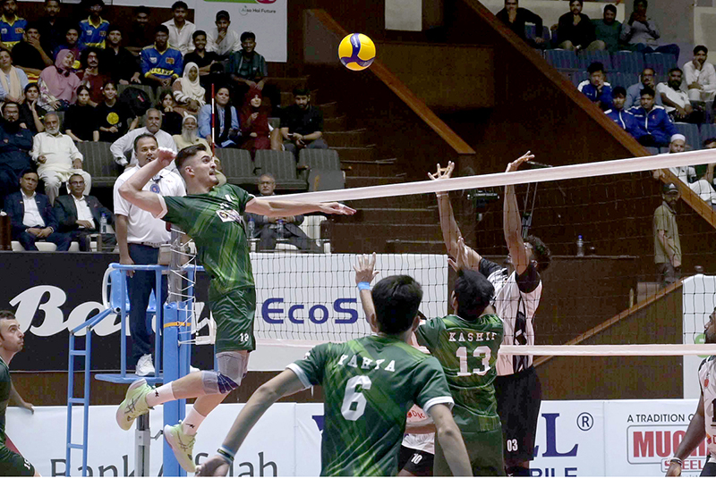 Players of Pakistan and Sri Lanka in action during the opening match of the CAVA Men's Volleyball Championship 2026 at the Liaquat Gymnasium Hall, Pakistan Sports Complex , in the federal capital