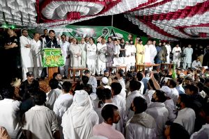 Federal Minister for Kashmir Affairs, Gilgit Baltistan and SAFRON Engr. Amir Muqam along with PML-N AJK leaders addresses the public gathering during election campaign in LA- 06, Azad Jammu & Kashmir
