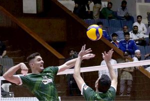 Players of Pakistan and Sri Lanka in action during the opening match of the CAVA Men's Volleyball Championship 2026 at the Liaquat Gymnasium Hall, Pakistan Sports Complex , in the federal capital