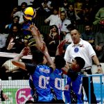Pakistan and Sri Lanka players battle at the net during the semifinal of the CAVA Men's Volleyball Championship 2026 at Liaquat Gymnasium, Pakistan Sports Complex, players attacking prowess and solid defensive skills in a fiercely contested match