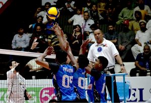 Pakistan and Sri Lanka players battle at the net during the semifinal of the CAVA Men's Volleyball Championship 2026 at Liaquat Gymnasium, Pakistan Sports Complex, players attacking prowess and solid defensive skills in a fiercely contested match