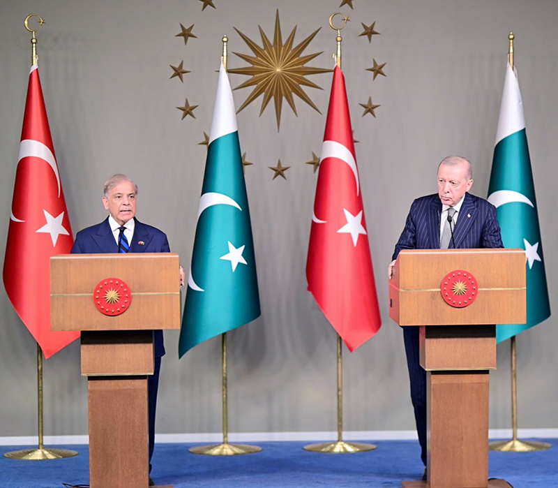 The President of Turkiye Recep Tayyip Erdogan and Prime Minister of Pakistan Muhammad Shehbaz Sharif in a joint Press Stakeout
