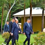 President Asif Ali Zardari being welcomed by President Sadyr Zhaparov at a formal reception held at the Rukh Ordo Cultural Complex in Cholpon-Ata, Kyrgyzstan, celebrating the enduring friendship between Pakistan and Kyrgyzstan