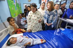 Chairperson of the Benazir Income Support Programme (BISP), Senator Rubina Khalid, visits the maternal and child nutrition ward at Molvi Ameer Shah Memorial Hospital during the launch of Phase 3.0 of the Benazir Nashonuma Programme.