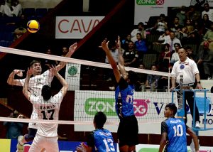 Pakistan and Sri Lanka players battle at the net during the semifinal of the CAVA Men's Volleyball Championship 2026 at Liaquat Gymnasium, Pakistan Sports Complex, players attacking prowess and solid defensive skills in a fiercely contested match