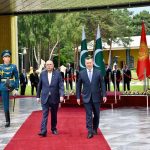 President Asif Ali Zardari being welcomed by President Sadyr Zhaparov at a formal reception held at the Rukh Ordo Cultural Complex in Cholpon-Ata, Kyrgyzstan, celebrating the enduring friendship between Pakistan and Kyrgyzstan