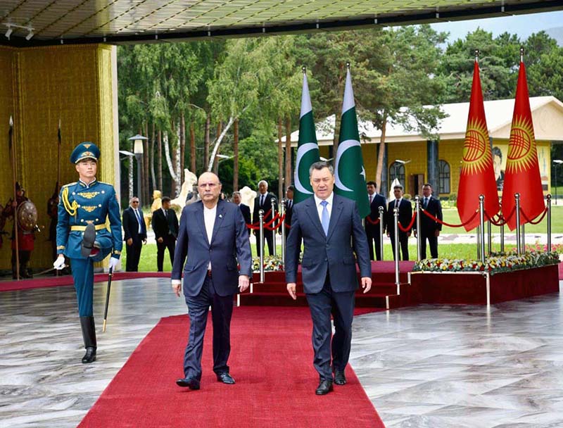 President Asif Ali Zardari being welcomed by President Sadyr Zhaparov at a formal reception held at the Rukh Ordo Cultural Complex in Cholpon-Ata, Kyrgyzstan, celebrating the enduring friendship between Pakistan and Kyrgyzstan