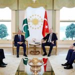 The President of Turkiye Recep Tayyip Erdogan and the Prime Minister of Pakistan Muhammad Shehbaz Sharif meeting at Vahdateen Palace