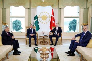The President of Turkiye Recep Tayyip Erdogan and the Prime Minister of Pakistan Muhammad Shehbaz Sharif meeting at Vahdateen Palace