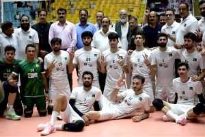 Pakistan and Sri Lanka players battle at the net during the semifinal of the CAVA Men's Volleyball Championship 2026 at Liaquat Gymnasium, Pakistan Sports Complex, players attacking prowess and solid defensive skills in a fiercely contested match