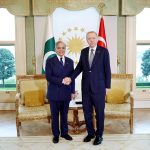 The President of Turkiye Recep Tayyip Erdogan and the Prime Minister of Pakistan Muhammad Shehbaz Sharif meeting at Vahdateen Palace