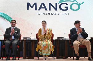 Sindh chief Minister Syed Murad Ali Shah addressing during the Mango Diplomacy Festival 2026. First Lady of Pakistan, Aseefa Bhutto Zardari and other also present on the occasion, organised by the Foreign Affairs Liaison office (FALO) at a local hotel.