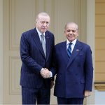 The President of Turkiye Recep Tayyip Erdogan receives the Prime Minister of Pakistan Muhammad Shehbaz Sharif at Vahdateen Palace