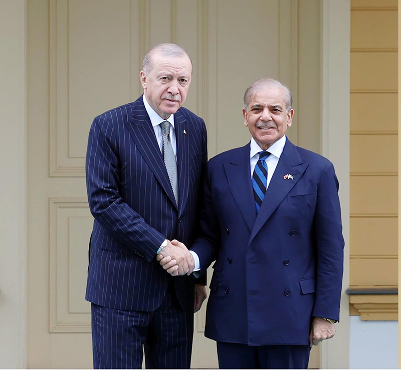 The President of Turkiye Recep Tayyip Erdogan receives the Prime Minister of Pakistan Muhammad Shehbaz Sharif at Vahdateen Palace