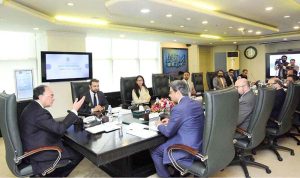 Federal Minister for Finance and Revenue, Senator Muhammad Aurangzeb, chairing a meeting at the Securities and Exchange Commission of Pakistan (SECP) Headquarters, to review the Commission’s performance and ongoing regulatory reform initiatives
