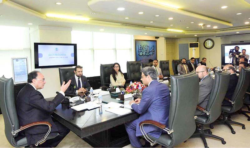 Federal Minister for Finance and Revenue, Senator Muhammad Aurangzeb, chairing a meeting at the Securities and Exchange Commission of Pakistan (SECP) Headquarters, to review the Commission’s performance and ongoing regulatory reform initiatives
