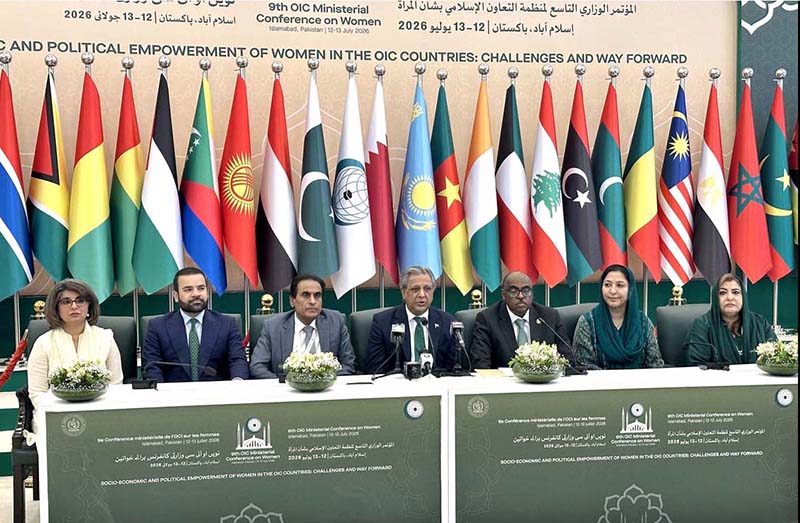 Federal Minister for Law and Justice Azam Nazeer Tarar and Hissein Brahim Taha, Secretary-General of the Organization of Islamic Cooperation (OIC), address a joint press conference following the conclusion of the 9th OIC Ministerial Conference on Women, held under the theme "Socio-Economic and Political Empowerment of Women in the OIC Countries: Challenges and Way Forward," hosted by the Government of Pakistan under the auspices of the Ministry of Human Rights at the Convention Centre