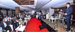 Sindh Chief Minister Syed Murad Ali Shah addresses a ceremony organised by the Karachi Association of Trade and Industry (KATI) to honour renowned humanitarian and founder of the Indus Hospital Network, Dr Abdul Bari Khan, in recognition of his out-standing contributions to healthcare and public service