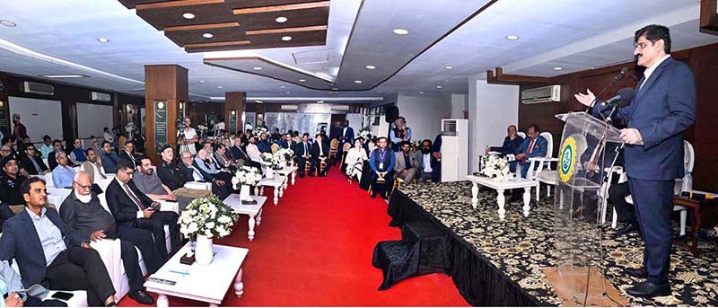 Sindh Chief Minister Syed Murad Ali Shah addresses a ceremony organised by the Karachi Association of Trade and Industry (KATI) to honour renowned humanitarian and founder of the Indus Hospital Network, Dr Abdul Bari Khan, in recognition of his out-standing contributions to healthcare and public service