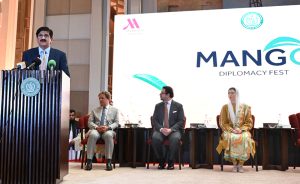 Sindh chief Minister Syed Murad Ali Shah addressing during the Mango Diplomacy Festival 2026. First Lady of Pakistan, Aseefa Bhutto Zardari and other also present on the occasion, organised by the Foreign Affairs Liaison office (FALO) at a local hotel.