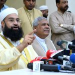 Chairman of the Pakistan Ulema Council, Maulana Tahir Ashrafi, addresses a press conference alongside religious scholars and officials at St. John Cathedral Church