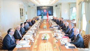 The President of Turkiye Recep Tayyip Erdogan and the Prime Minister of Pakistan Muhammad Shehbaz Sharif in a meeting at Vahdateen Palace