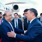 President Asif Ali Zardari being received by President of the Kyrgyz Republic Sadyr Japarov upon his arrival at Issyk-Kul International Airport