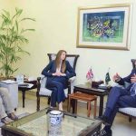 Federal Minister for Finance and Revenue, Senator Muhammad Aurangzeb, in a meeting with Ms. Jane Marriott CMG OBE, British High Commissioner to Pakistan, to discuss Pakistan's reform agenda and Pakistan-United Kingdom economic cooperation