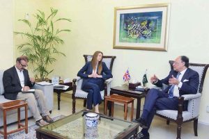 Federal Minister for Finance and Revenue, Senator Muhammad Aurangzeb, in a meeting with Ms. Jane Marriott CMG OBE, British High Commissioner to Pakistan, to discuss Pakistan's reform agenda and Pakistan-United Kingdom economic cooperation