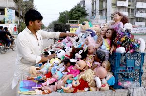 A street vendor selling dolls on a roadside, earning his livelihood by serving customers in the city.