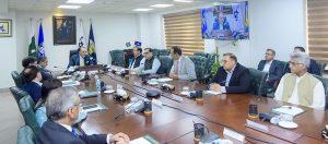 Federal Minister for Finance and Revenue, Senator Muhammad Aurangzeb, addressing FBR leadership and field formations at FBR Headquarters, Islamabad, for successfully achieving the revised annual revenue collection target for FY2025-26.