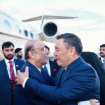 President Asif Ali Zardari being received by President of the Kyrgyz Republic Sadyr Japarov upon his arrival at Issyk-Kul International Airport