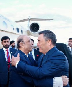 President Asif Ali Zardari being received by President of the Kyrgyz Republic Sadyr Japarov upon his arrival at Issyk-Kul International Airport