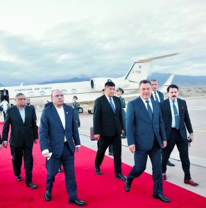 President Asif Ali Zardari being received by President of the Kyrgyz Republic Sadyr Japarov upon his arrival at Issyk-Kul International Airport