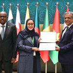 Federal Minister for Law and Justice Azam Nazeer Tarar presents a certificate of recognition to Dr. Maimoonah Al Khalil, Secretary-General of the Family Affairs Council of the Kingdom of Saudi Arabia, in acknowledgment of her outstanding contribution to women's welfare and empowerment during the closing ceremony of the 9th OIC Ministerial Conference on Women, held under the theme "Socio-Economic and Political Empowerment of Women in the OIC Countries: Challenges and Way Forward," at the Convention Centre