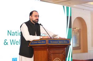 Federal Minister for Overseas Pakistanis and Human Resource Development Chaudhry Salik Hussain addressing to the launching ceremony of National Emigration and Welfare Policy 2026.