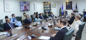 Federal Minister for Finance and Revenue, Senator Muhammad Aurangzeb, addressing FBR leadership and field formations at FBR Headquarters, Islamabad, for successfully achieving the revised annual revenue collection target for FY2025-26.