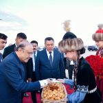 President of Pakistan Asif Ali Zardari is presented with traditional Kyrgyz boorsok and honey as part of the official welcome ceremony upon his arrival at Issyk-Kul International Airport, in the presence of President of the Kyrgyz Republic Sadyr Japarov