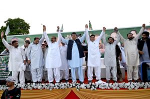 Federal Minister for Kashmir Affairs, Gilgit Baltistan and SAFRON Engr Amir Muqam addresses a public gathering in Mirpur, Azad Jammu & Kashmir.
