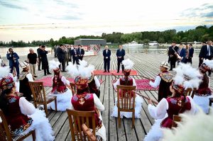 President Asif Ali Zardari, accompanied by President of the Kyrgyz Republic Sadyr Japarov, witnesses a traditional Kyrgyz cultural performance at the Rukh Ordo Cultural Center