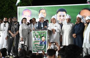 Federal Minister for Kashmir Affairs, Gilgit Baltistan and SAFRON Engr Amir Muqam addresses a public gathering in Mirpur, Azad Jammu & Kashmir.