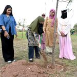 Students plant a sapling during the Tree Plantation Drive organized by the Clean & Green Islamabad Movement at Parade Ground in the federal capital