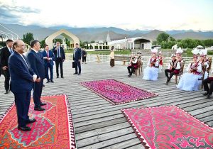 President Asif Ali Zardari, accompanied by President of the Kyrgyz Republic Sadyr Japarov, witnesses a traditional Kyrgyz cultural performance at the Rukh Ordo Cultural Center