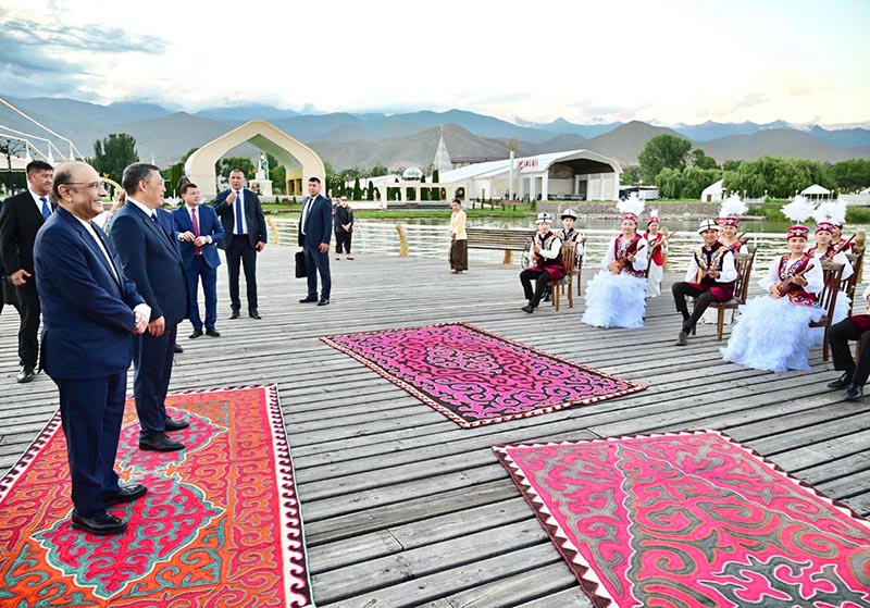 President Asif Ali Zardari, accompanied by President of the Kyrgyz Republic Sadyr Japarov, witnesses a traditional Kyrgyz cultural performance at the Rukh Ordo Cultural Center